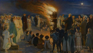 ペダー・セヴェリン・クロイヤー Painting - スカーゲンのビーチで真夏の夜の焚き火 ピーダー・セヴェリン・クロイヤー